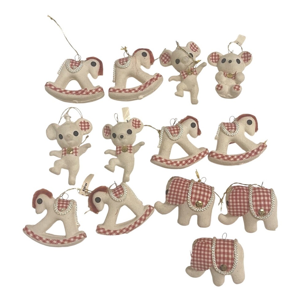 VTG Set‎ Of 13 Flocked Red & White Checkered Velvet Christmas Ornaments